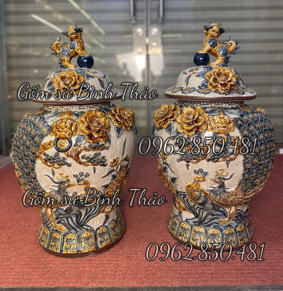  Chóe Công đào 25L Men rạn đắp nổi hàng Nghệ nhân Bát Tràng HN 