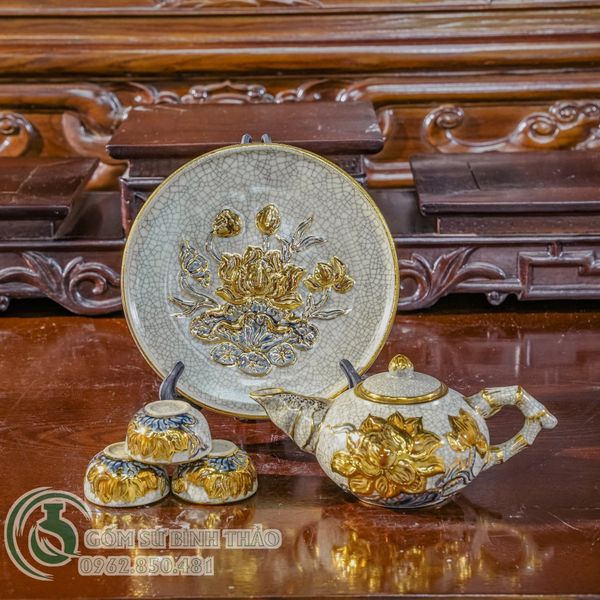  Bộ trà cúng Men rạn Đắp nổi Vẽ vàng 24K 