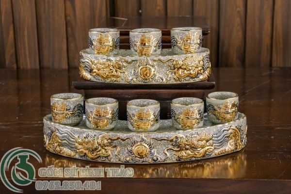  Bộ thờ Thần Tài Vượng phát Men rạn Đắp nổi Vẽ vàng 24K Cao cấp - Gốm nghệ nhân Bát Tràng PATT14 