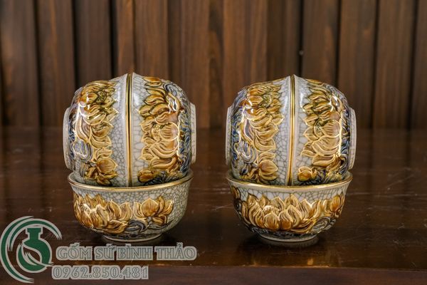  Bát cơm cúng Men rạn Đắp nổi Vẽ vàng 24K 