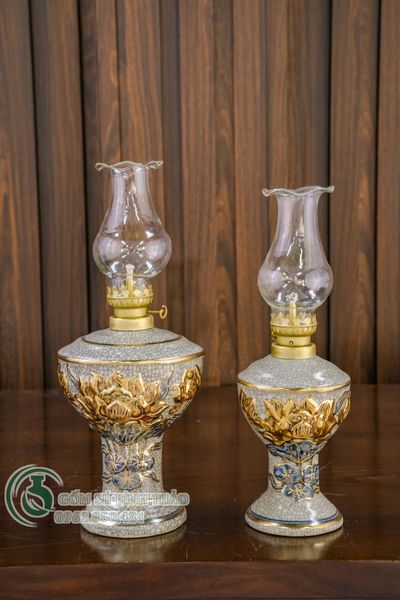  Đèn dầu Sen Men rạn Đắp nổi Vẽ vàng 24K 