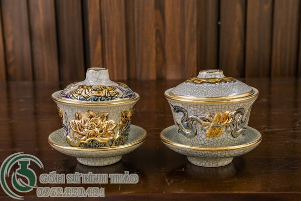  Bát trà sâm Men rạn Đắp nổi Vẽ vàng 24K 