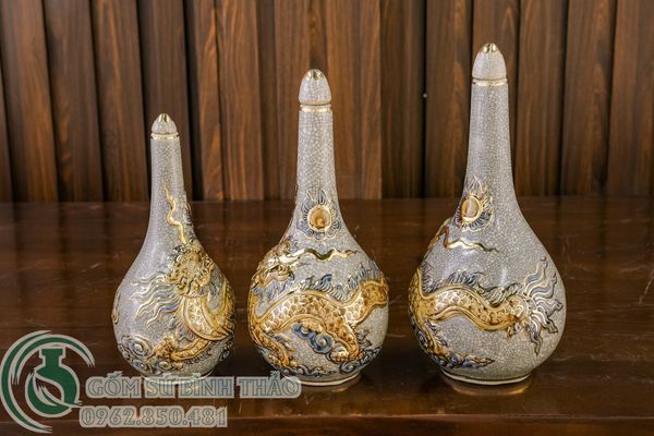  Nậm rượu Rồng Men rạn Đắp nổi Vẽ vàng 24K 