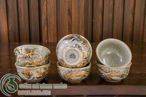  Bát cơm cúng Men rạn Đắp nổi Vẽ vàng 24K 