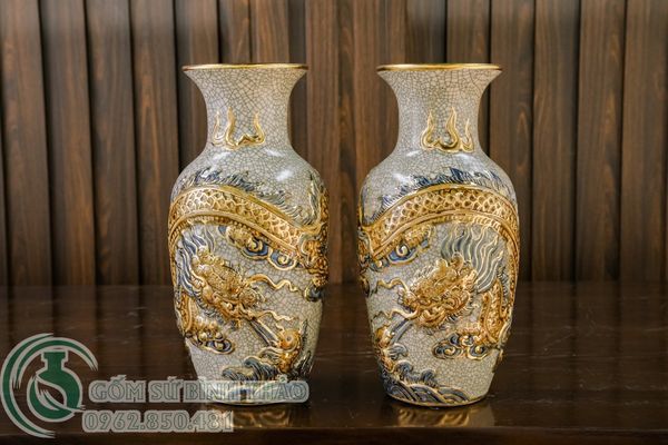  Lọ lộc bình Rồng Men rạn Đắp nổi Vẽ vàng 24K 