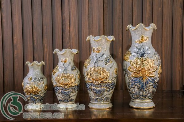  Lọ lượn Sen Men rạn Đắp nổi Vẽ vàng 24K 
