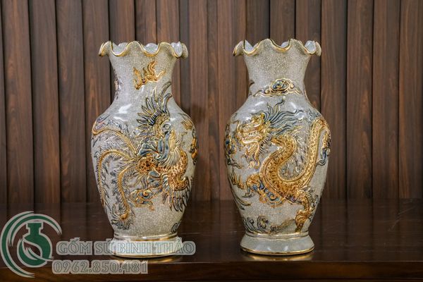  Lọ lượn Rồng Men rạn Đắp nổi Vẽ vàng 24K 