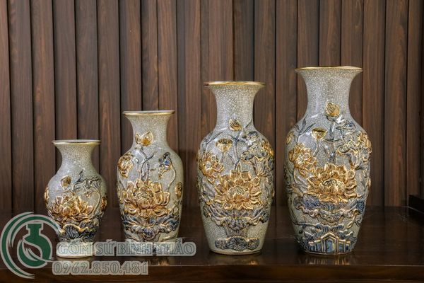 Lọ lộc bình Sen Men rạn Đắp nổi Vẽ vàng 24K 