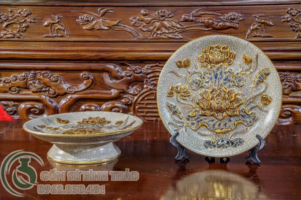  Mâm bồng Sen Men rạn Đắp nổi Vẽ vàng 24K 