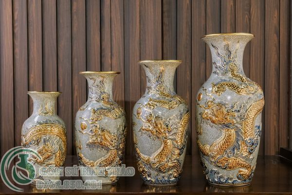  Lọ lộc bình Rồng Men rạn Đắp nổi Vẽ vàng 24K 