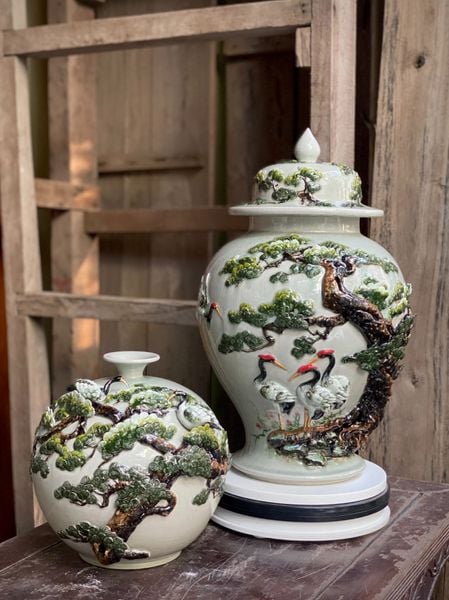  Hút lộc & Choé Ngũ Hạc Quần Tùng  - Hàng Nghệ nhân Bát Tràng Đắp tay 