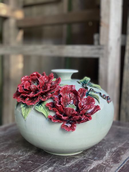  Bình Hút lộc Mẫu đơn - Hàng Nghệ nhân Bát Tràng Đắp tay 