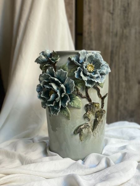  Bình Mẫu Đơn Xanh - Hàng Nghệ nhân Bát Tràng Đắp tay 