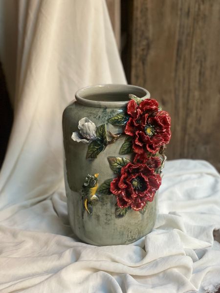  Bình Mẫu Đơn Đỏ - Hàng Nghệ nhân Bát Tràng Đắp tay 