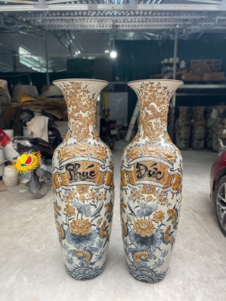  Lộc Bình Phúc Đức Cửu Ngư Men rạn nổi - Gốm Nghệ nhân Bát Tràng LBPDT-HN 