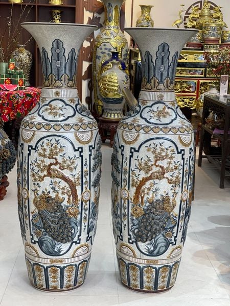  Lọ Lục Bình Tứ Cảnh Men rạn Đắp nổi - Gốm Nghệ nhân Bát Tràng LBTC-HN 