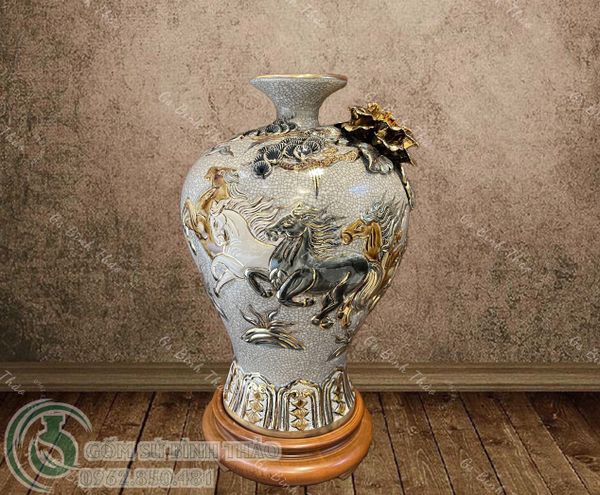  Mai Bình Mã đáo thành công Đắp nổi Vẽ vàng 24K - Hàng Nghệ nhân Bát Tràng 