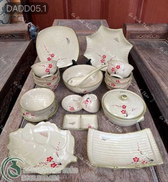  Bộ đồ ăn Vẽ tay hàng Bát Tràng họa tiết Đào đỏ DD 