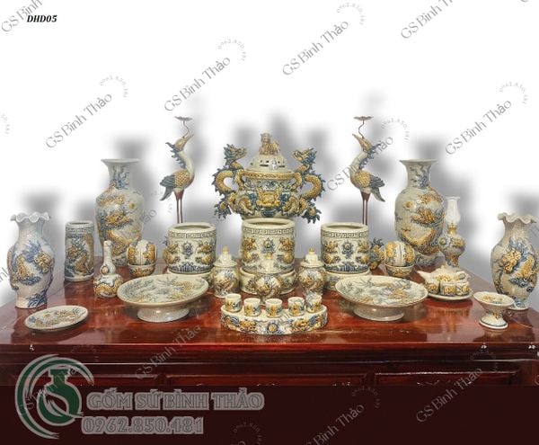  Bộ đồ thờ Men Rạn đắp nổi Bát Tràng hàng Nghệ nhân DHD05 