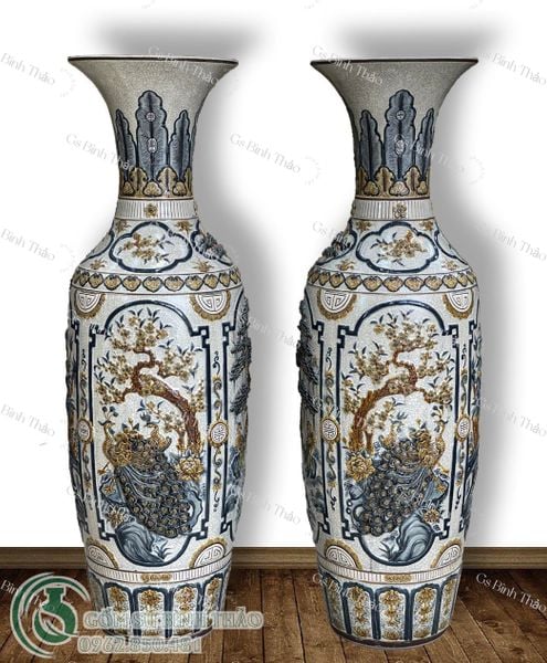  Lọ Lục Bình Tứ Cảnh Men rạn Đắp nổi - Gốm Nghệ nhân Bát Tràng LBTC-HN 