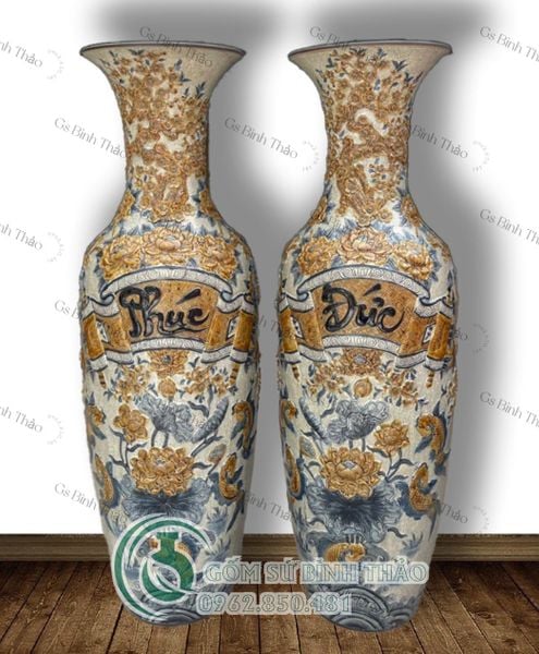  Lộc Bình Phúc Đức Cửu Ngư Men rạn nổi - Gốm Nghệ nhân Bát Tràng LBPDT-HN 