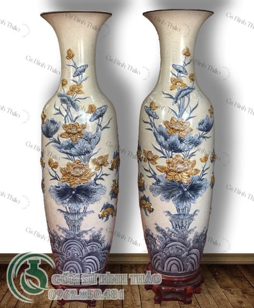  Lọ Lục Bình Sen Cá Men rạn Đắp tay - Gốm Nghệ nhân Bát Tràng 