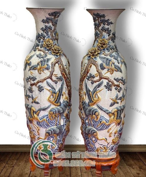  Lọ Lục Bình Tùng hạc Diên niên Men rạn Đắp nổi - Gốm Nghệ nhân Bát Tràng LBTHDN-HN 