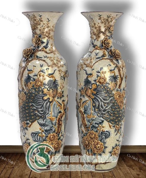  Lọ Lục Bình Công Đào Sen Men rạn Đắp nổi - Gốm Nghệ nhân Bát Tràng LBCDS-HN 