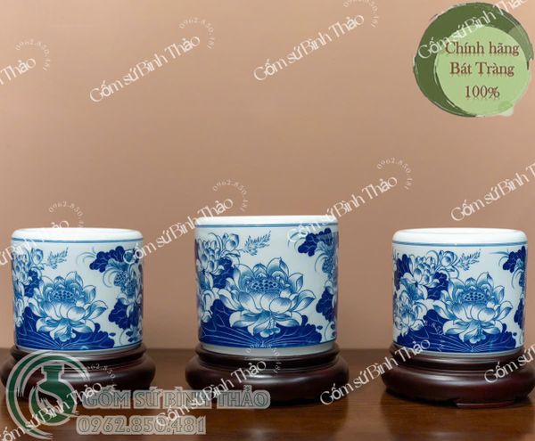  Bát hương Sen/ Liên hoa Cát tường Men Trắng Họa Tiết Lam TY 