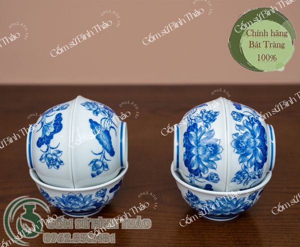  Bát cúng Sen Men trắng Họa tiết Lam TY 