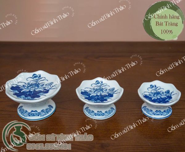  Chân nến thờ sen Men trắng Họa tiết Lam TY 