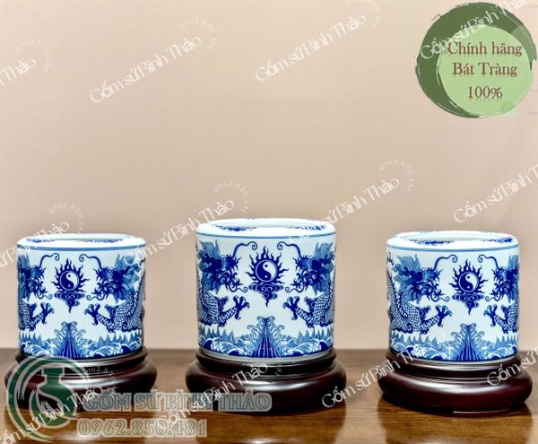  Bát hương Rồng/ Lưỡng Long Chầu Nguyệt Men Trắng Họa Tiết Lam TY 