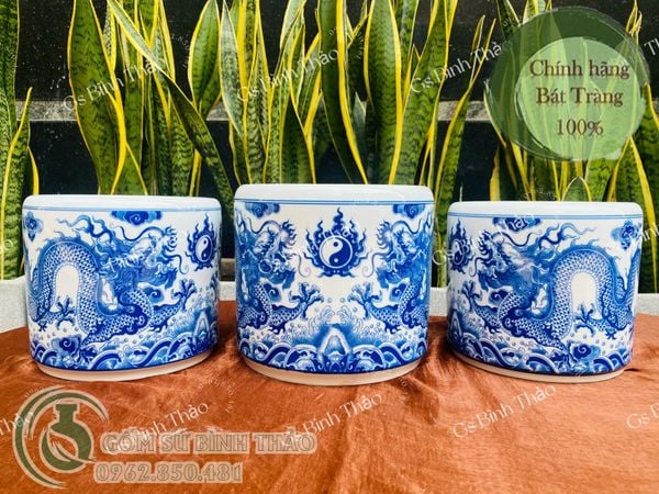  Bộ đồ thờ Thần Tài Bát Tràng men Trắng Họa tiết Lam TYTT002 