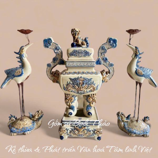  Bộ Đỉnh Hạc Tam sự men Hoàng tộc họa tiết nổi - Gốm Nghệ nhân Bát Tràng 