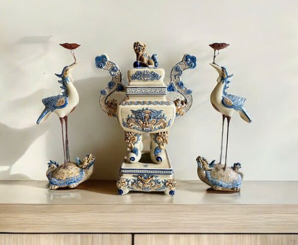  Bộ Đỉnh Hạc Tam sự men Hoàng tộc họa tiết nổi - Gốm Nghệ nhân Bát Tràng 