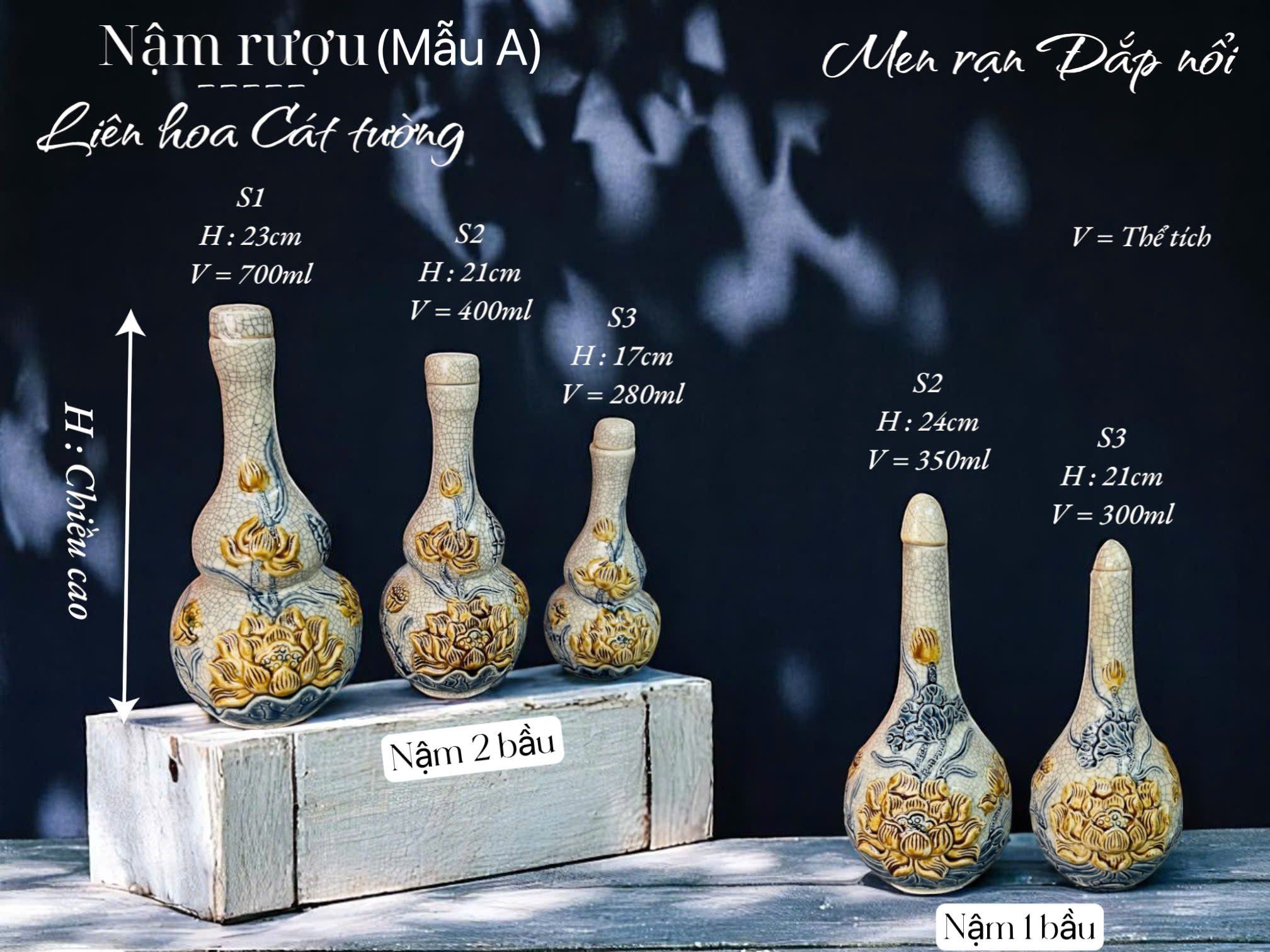  Nậm rượu 1 bầu Sen Men rạn Đắp nổi PA 