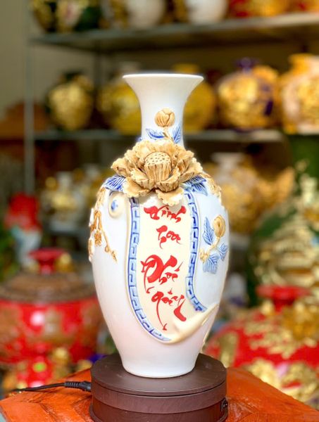  BẢO BÌNH HỌA TIẾT ĐẮP NỔI – VINH HOA PHÚ QUÝ Gốm sứ Bát Tràng BBVHVHPQ 