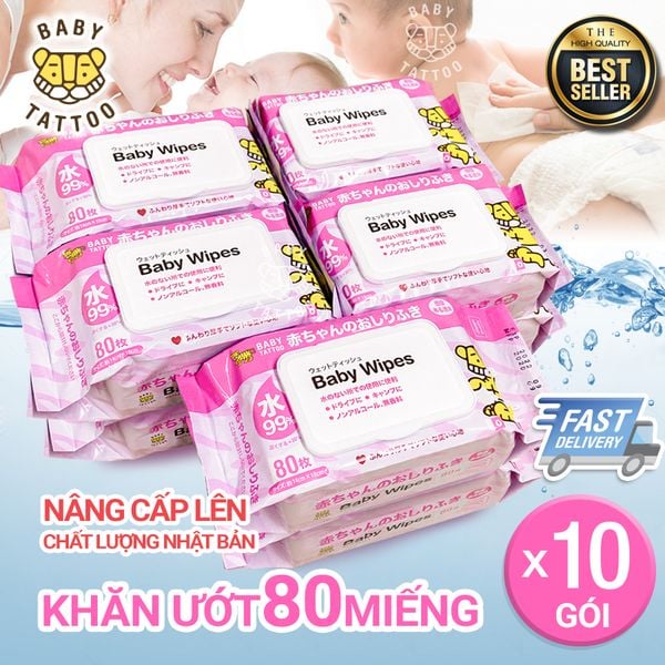  COMBO 10 gói Khăn giấy ướt BABY TATTOO cho bé không mùi, gói 80 miếng 