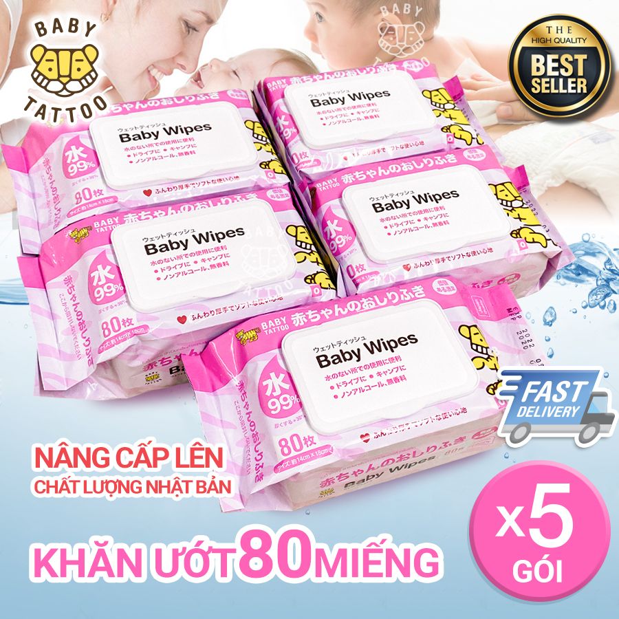  COMBO 5 gói Khăn giấy ướt BABY TATTOO cho bé không mùi, gói 80 miếng 