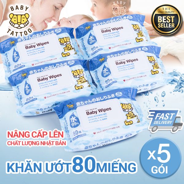  COMBO 5 gói Khăn giấy ướt BABY TATTOO cho bé không mùi, gói 80 miếng 