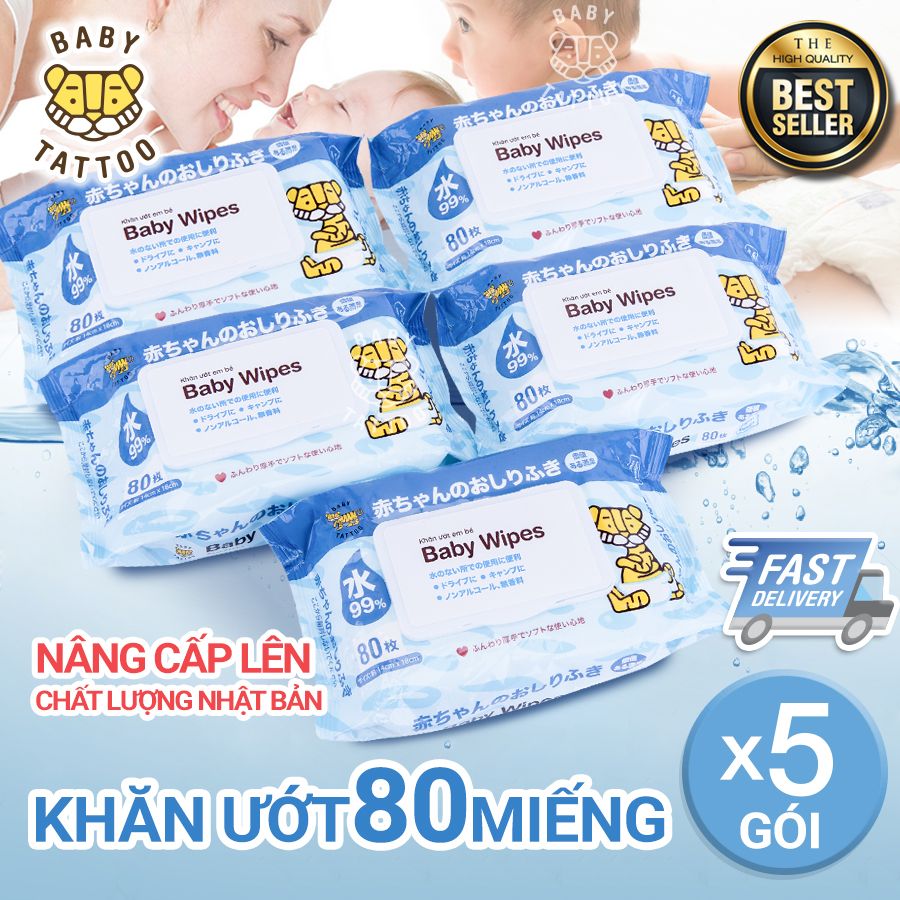  COMBO 5 gói Khăn giấy ướt BABY TATTOO cho bé không mùi, gói 80 miếng 