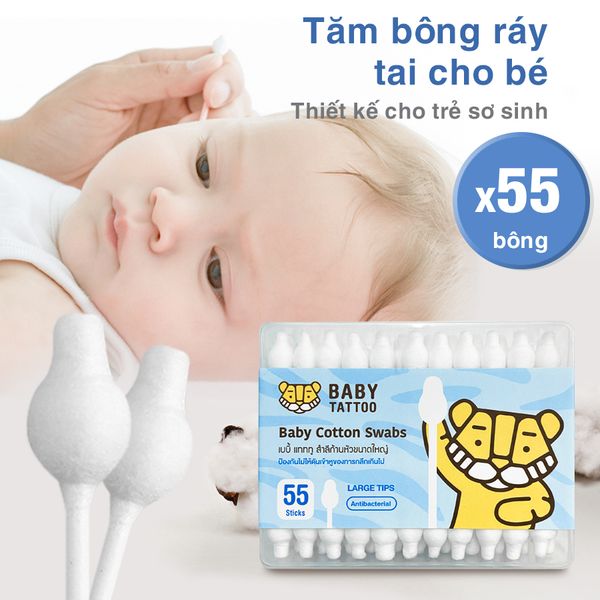  Hộp 55 Tăm Bông Trẻ Em, Tăm Bông Nụ Bông Đầu To Cho Bé 