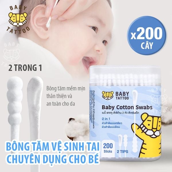  BABY TATTOO Bông Tăm Vệ Sinh Tai Chuyên Dụng Cho Bé, Thiết Kế 2 Đầu Tiện Lợi, Hộp 200 Cây 