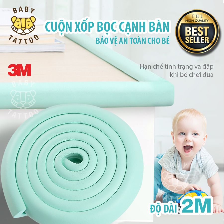  BABY TATTOO Cuộn Xốp Bọc Cạnh Bàn Dài 2m, Góc Bàn Chữ L Bảo Vệ An Toàn Cho Bé, Kèm Keo 3M 