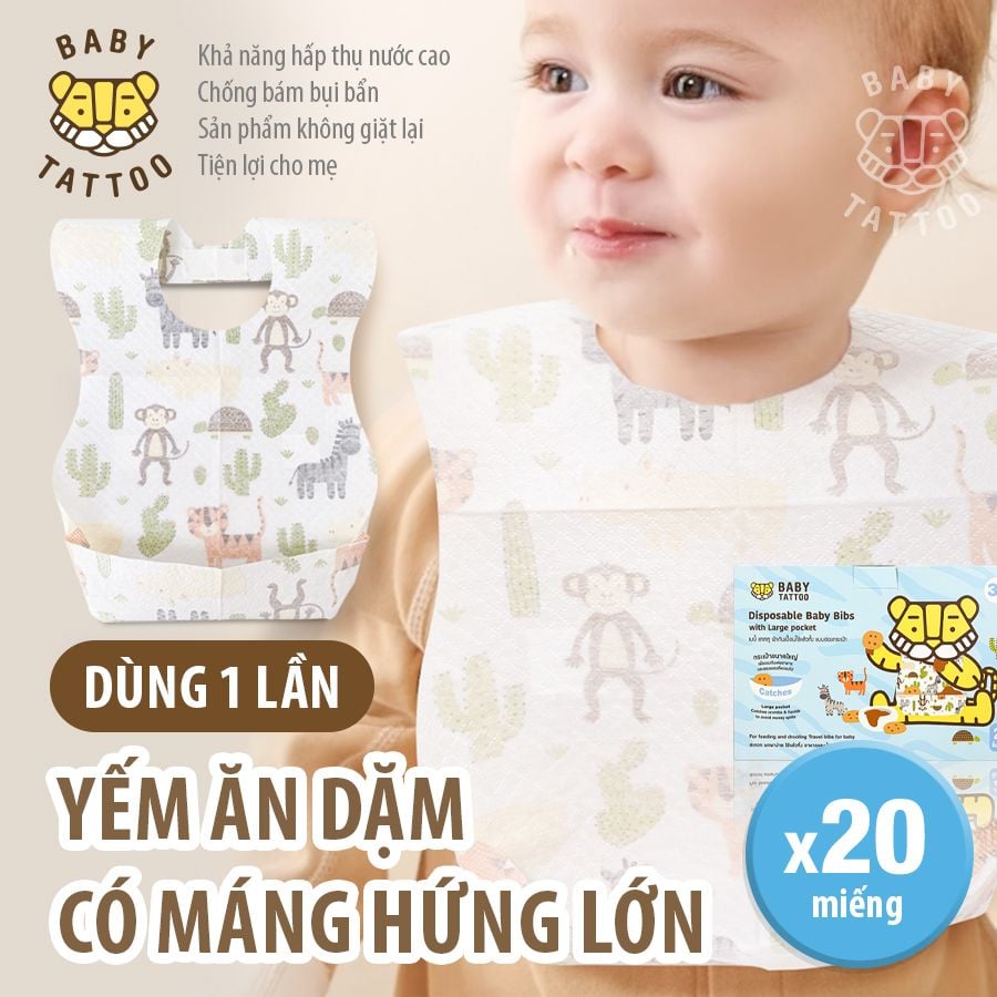  Yếm Ăn Dặm Cho Bé Có Máng Hứng BABY TATTOO, Yếm Vải Sử Dụng 1 Lần Tiện Lợi, Hộp 20 Cái 