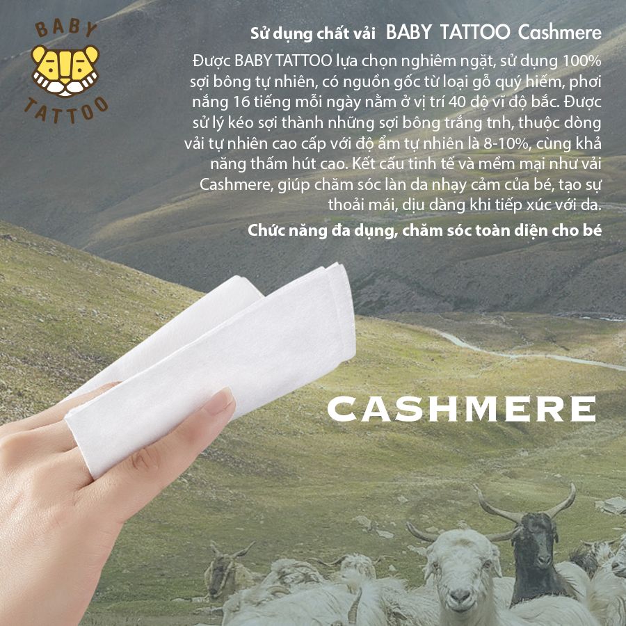  BABY TATTOO Khăn Giấy Ướt Siêu Cao Cấp Cho Bé Chất Vải CASHMERE, Làm Từ 100% Sợi Bông Tự Nhiên, Gói 80 Miếng 