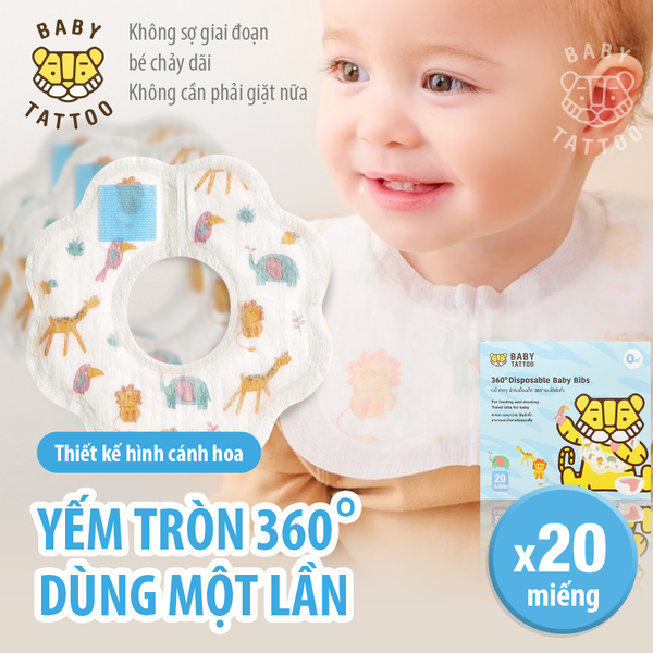  Yếm Ăn Dặm Tròn 360 Độ BABY TATTOO, Yếm Vải Sử Dụng 1 Lần Tiện Lợi, Hộp 20 Cái 