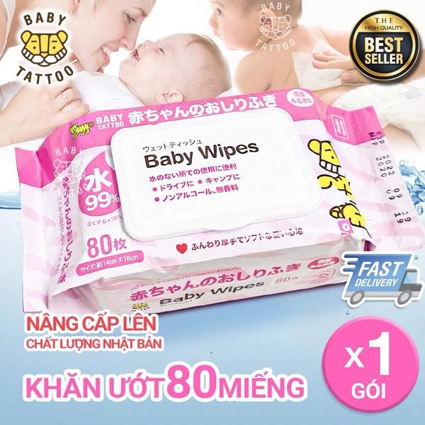  Khăn Giấy Ướt BABY TATTOO An Toàn Cho Bé, Gói 80 Miếng 