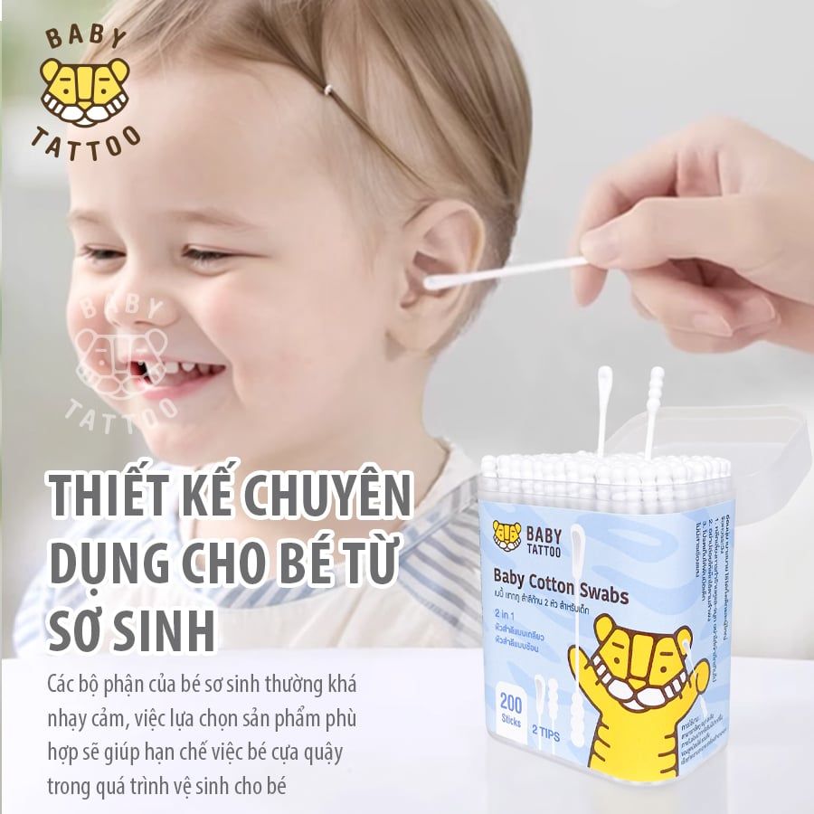  BABY TATTOO Bông Tăm Vệ Sinh Tai Chuyên Dụng Cho Bé, Thiết Kế 2 Đầu Tiện Lợi, Hộp 200 Cây 