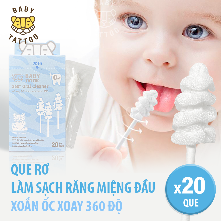  BABY TATTOO Que Rơ Làm Sạch Răng Miệng Đầu Xoắn Ốc Xoay 360 Độ, Chuyên Dụng Cho Bé 0-2 Tuổi 